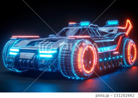 Futuristic automobile design featuring realistic skeleton drawing in neon wireframe style with vibrant colors 131202662