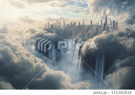 City of clouds with majestic waterfalls cascading into the abyss under a serene sky at twilight City of clouds with majestic waterfalls cascading into the abyss under a serene sky at twilight 131202816