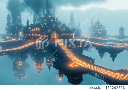 Floating city with geometric design illuminated at dusk above a tranquil landscape Floating city with geometric design illuminated at dusk above a tranquil landscape 131202828