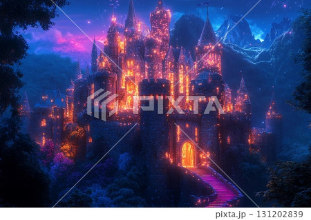 Castle with brightly shining walls stands cheerfully against a backdrop of majestic mountains and clear blue skies 131202839