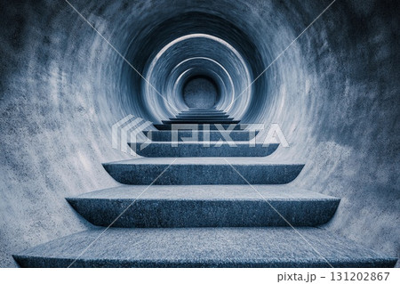Steps lead into an endless circular tunnel creating a mysterious atmosphere with a sense of depth and intrigue Steps lead into an endless circular tunnel creating a mysterious atmosphere with a sense of depth and intrigue 131202867