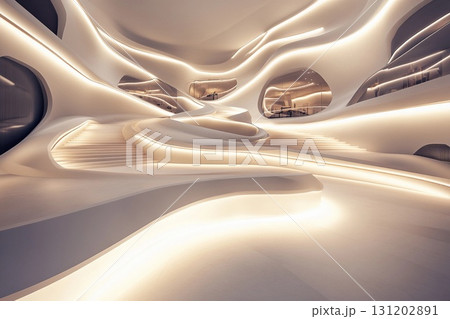 Futuristic museum showcasing symmetrical spiraling ramps illuminated by soft lighting for an immersive visitor experience 131202891