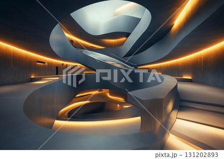 Futuristic museum showcasing symmetrical spiraling ramps illuminated by soft lighting for an immersive visitor experience 131202893