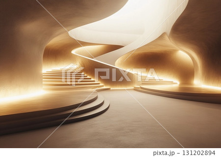 Futuristic museum showcasing symmetrical spiraling ramps illuminated by soft lighting for an immersive visitor experience 131202894