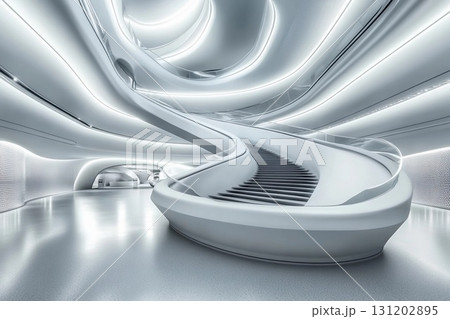 Futuristic museum showcasing symmetrical spiraling ramps illuminated by soft lighting for an immersive visitor experience 131202895
