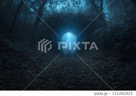 Majestic portal to another world glows amidst ethereal landscape with rolling clouds and sunlit greenery 131202923