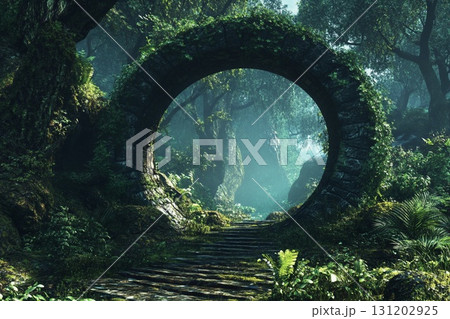 Majestic portal to another world glows amidst ethereal landscape with rolling clouds and sunlit greenery 131202925