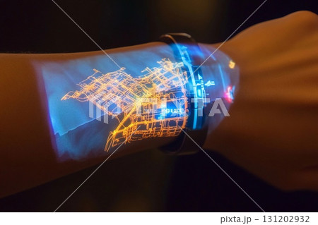 3D holographic map displayed from a wristband illuminates the hand with vibrant city pathways and landmarks during the evening 131202932