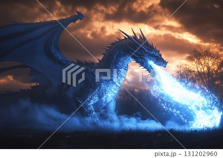 Majestic dragon illuminates the night sky with waves of light, transforming darkness into radiant day 131202960