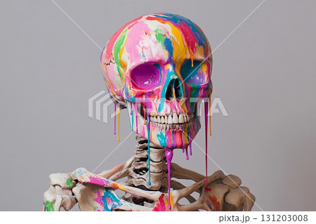 Vibrant skeletal form with skull painted in bright colors and dripping paint accents 131203008