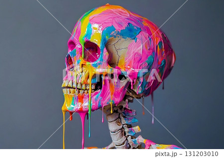 Vibrant skeletal form with skull painted in bright colors and dripping paint accents 131203010