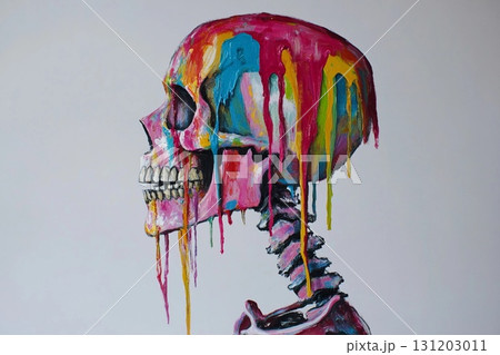 Vibrant skeletal form with skull painted in bright colors and dripping paint accents 131203011