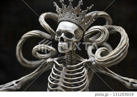 Skeletal figure with crown-like skull poses with spiral arm decorations amidst a dark backdrop showcasing intricate details 131203019