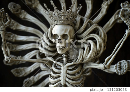Skeletal figure with crown-like skull poses with spiral arm decorations amidst a dark backdrop showcasing intricate details 131203038