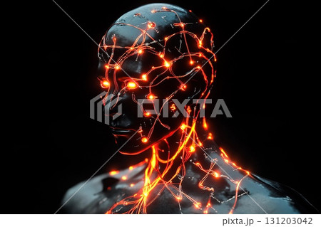 Humanoid robot showcases glowing circuits in a futuristic environment Humanoid robot showcases glowing circuits in a futuristic environment 131203042