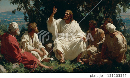 Jesus shares his teachings with followers during a serene outdoor gathering 131203355