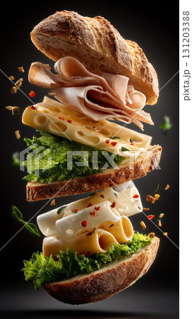Sliced sandwich ingredients suspended in mid-air with fresh greens 131203388