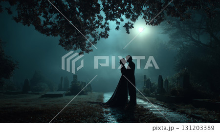 Undead bride and groom embrace in a misty cemetery under the moonlight Undead bride and groom embrace in a misty cemetery under the moonlight 131203389