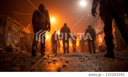 Urban zombie horde advances through foggy alley at night Urban zombie horde advances through foggy alley at night 131203391