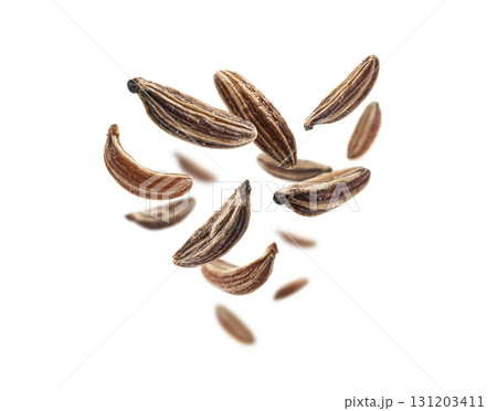 Cumin seeds levitate on a white background 131203411