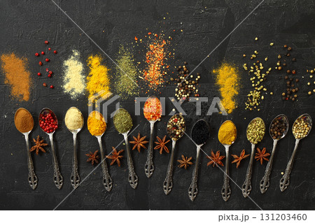 Big set of Indian spices on wooden table. Top view, Horizontal image. Big set of Indian spices on wooden table. Top view, Horizontal image. 131203460