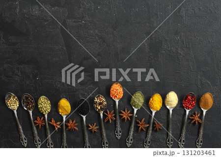Big set of Indian spices on wooden table. Top view, Horizontal image. Big set of Indian spices on wooden table. Top view, Horizontal image. 131203461