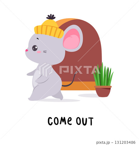 Little Mouse Come Out Hole Demonstrating English Verbs for Educational Activity Vector Illustration 131203486