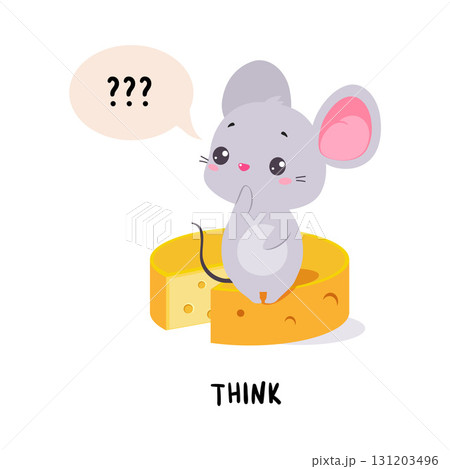 Little Mouse Think Demonstrating English Verbs for Educational Activity Vector Illustration 131203496