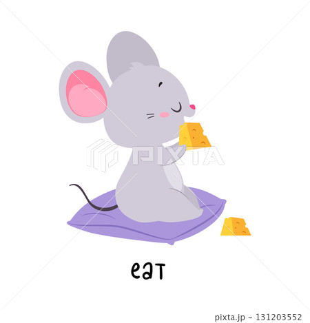 Little Mouse Eat Cheese Demonstrating English Verbs for Educational Activity Vector Illustration 131203552