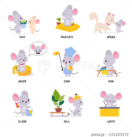 Little Mouse Demonstrating English Verbs for Educational Activity Vector Set Little Mouse Demonstrating English Verbs for Educational Activity Vector Set 131203572