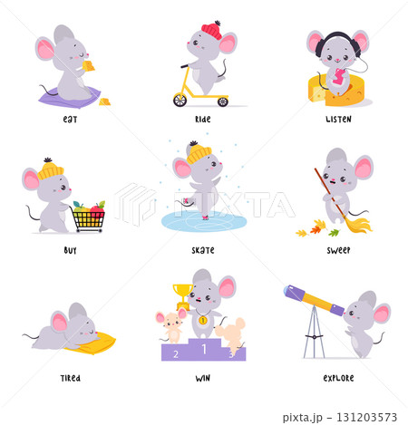 Little Mouse Demonstrating English Verbs for Educational Activity Vector Set 131203573