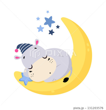 Moon with Hippo Animal Sleeping Have Sweet Dreams Vector Illustration Moon with Hippo Animal Sleeping Have Sweet Dreams Vector Illustration 131203576