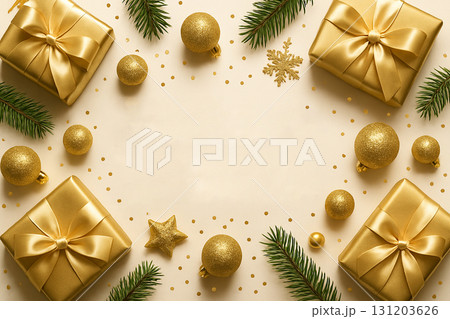 Golden gift boxes and baubles arranged around blank white space with festive star sparkles with customizable space for Christmas wishes. Golden gift boxes and baubles arranged around blank white space with festive star sparkles with customizable space for Christmas wishes. 131203626