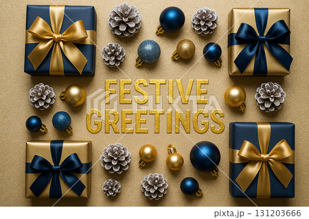 Festive Greetings text with golden bows and baubles on bright background. 131203666