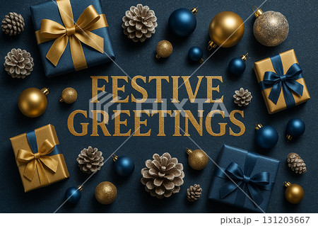 Festive Greetings text with golden bows and baubles on dark holiday background. 131203667