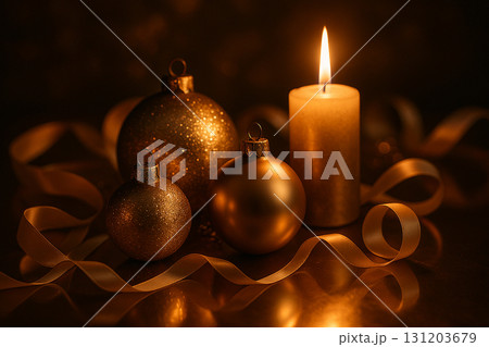 Glowing candle with golden ribbon and baubles on elegant holiday background. 131203679