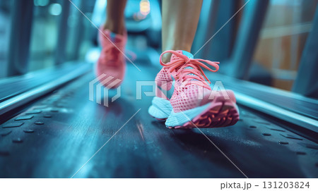 ランニングマシンで走るピンクのスニーカー 131203824