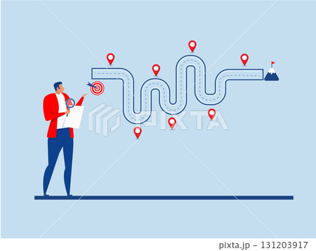 Businessman roadmap step planning or progress concept project Waypoint icons and ends with goal achievement workflow or process timeline to success 131203917