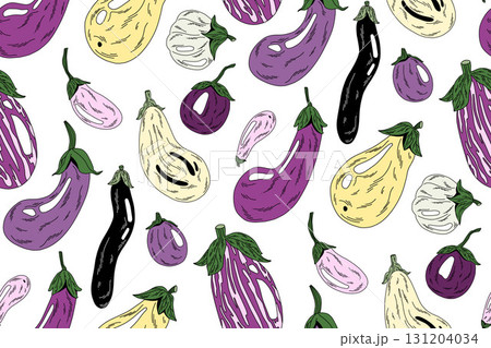 seamless pattern with purple, yellow and white eggplants of different shapes in doodle style 131204034