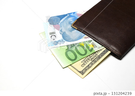Turkish lira, Dollar, Euro banknotes in a wallet isolated on white background. 131204239