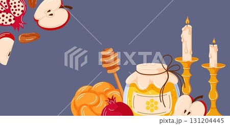 Rosh Hashanah holiday still life with honey jar, apple, pomegranate, challah bread, dates and candle on blue background symbolizing jewish new year celebration in cartoon style. Rosh Hashanah holiday still life with honey jar, apple, pomegranate, challah bread, dates and candle on blue background symbolizing jewish new year celebration in cartoon style. 131204445