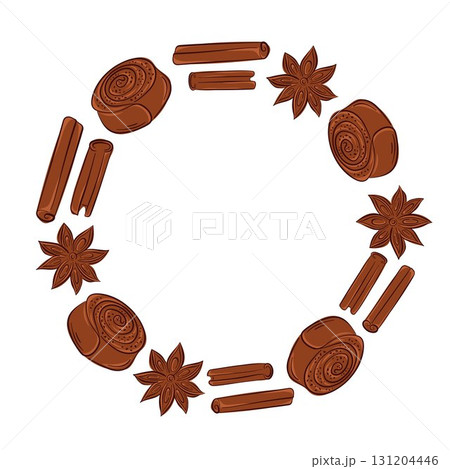Circular frame border with flat style cinnamon bun, sticks and star anise spice on white background with empty center space for spice design. Circular frame border with flat style cinnamon bun, sticks and star anise spice on white background with empty center space for spice design. 131204446