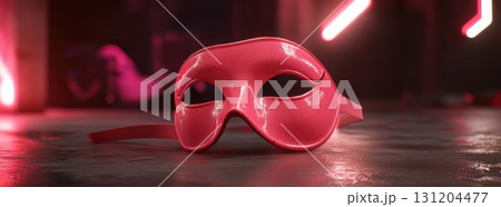 Sparkling pink carnival mask on glossy surface with bokeh lights 131204477