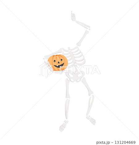 Headless Skeleton with a Pumpkin Head in the arm in dynamic pose. Hand drawn funny scary illustration isolated on a background. Perfect for Halloween designs, spooky decorations, posters and Headless Skeleton with a Pumpkin Head in the arm in dynamic pose. Hand drawn funny scary illustration isolated on a background. Perfect for Halloween designs, spooky decorations, posters and 131204669