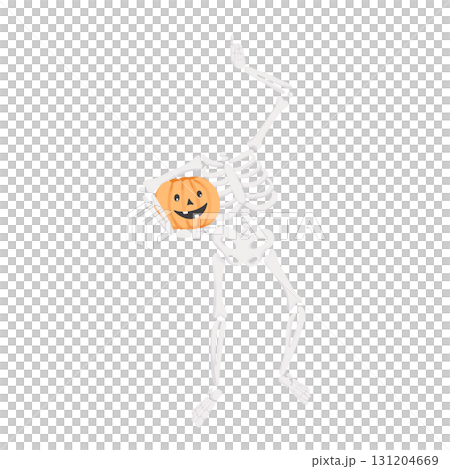 Headless Skeleton with a Pumpkin Head in the arm in dynamic pose. Hand drawn funny scary illustration isolated on a background. Perfect for Halloween designs, spooky decorations, posters and Headless Skeleton with a Pumpkin Head in the arm in dynamic pose. Hand drawn funny scary illustration isolated on a background. Perfect for Halloween designs, spooky decorations, posters and 131204669