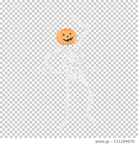 Skeleton with a Pumpkin Head in dynamic pose. Hand drawn funny scary illustration isolated on a background. Perfect for Halloween designs, spooky decorations, posters, invitations. Skeleton with a Pumpkin Head in dynamic pose. Hand drawn funny scary illustration isolated on a background. Perfect for Halloween designs, spooky decorations, posters, invitations. 131204670