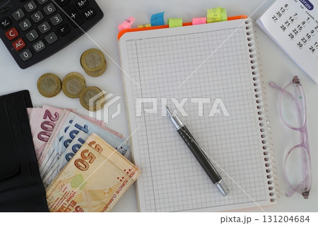 Turkish lira with a Calculator and a Pen Turkish lira with a Calculator and a Pen 131204684