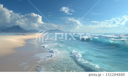 Serene Beach Scene with Clear Blue Sky and Gentle Ocean Waves 131204880