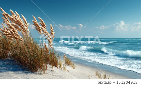 Serene Coastal Dune with Beachgrass and Gentle Ocean Waves 131204915