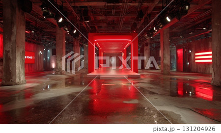 Modern Coral Studio Backdrop with Graphic Elements and Lighting 131204926